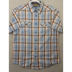 Merrell Button up Shirt Mens L Blue Plaid Short Sleeve Pearl Snap Pockets
